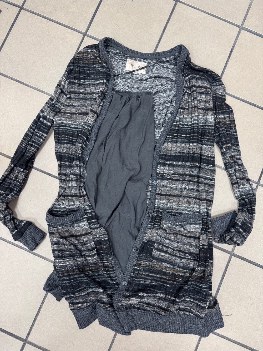 Miss Me Gray Striped Open-Front Cardigan